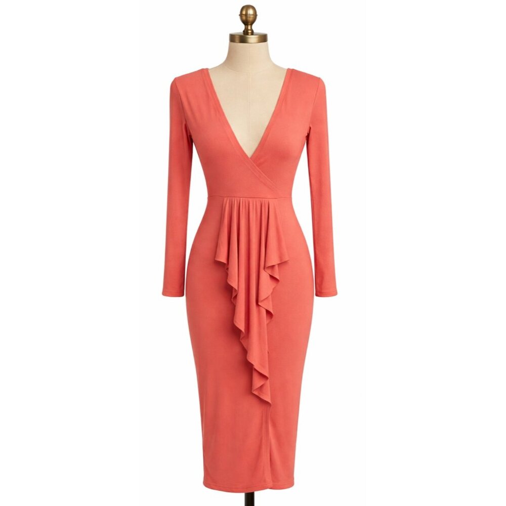 Goodtime USA Bodycon‎ Evening Dress Womens Small Coral Ruffle V-Neck Event Party